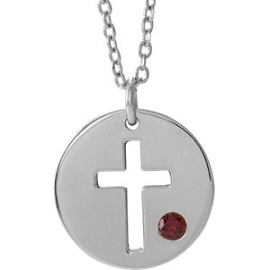 14K White Garnet Pierced Cross Disc 16-18" Necklace