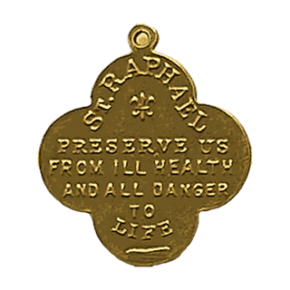 Vintage Yellow Bronze St. Raphael Quatrefoil Medal — reverse