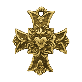 Vintage Yellow Bronze Sacred Heart Cross with Rays