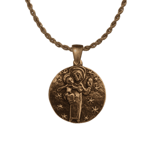 Vintage Bronze Folk Madonna and Child Medal with Stars