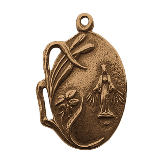 Vintage Bronze Miraculous Medal with Reeds and Flowers