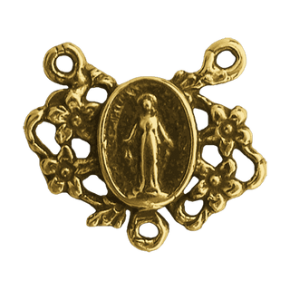 Vintage Yellow Bronze Tiny Miraculous Rosary Center with Flowers