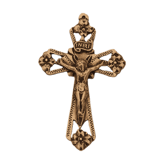 Vintage Bronze Four Flowers Crucifix with INRI Scroll