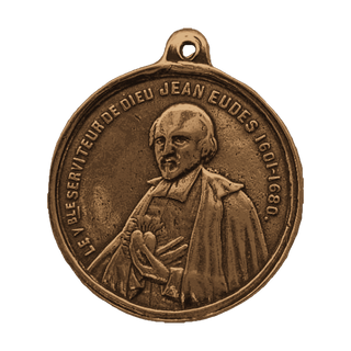 Vintage Bronze Hearts of Jesus and Mary, St. John Eudes — reverse