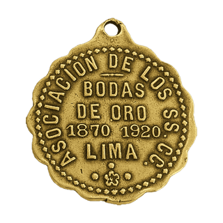 Vintage Yellow Bronze Twin Hearts Medal, Lima Golden Jubilee — reverse