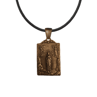Vintage Bronze Grotto Madonna Medal with Two Shields