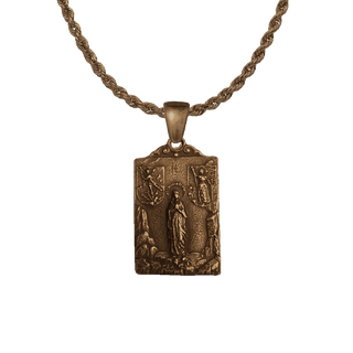Vintage Bronze Grotto Madonna Medal with Two Shields