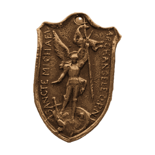 Vintage Bronze St. Michael Shield Medal, Two Hearts