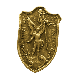 Vintage Yellow Bronze St. Michael Shield Medal, Two Hearts