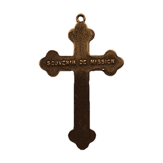 Vintage Bronze Mission Souvenir Crucifix, Budded Ends — reverse