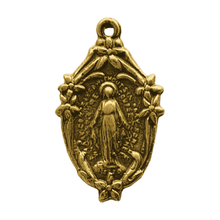 Vintage Yellow Bronze Small Mary with Lilies Miraculous Medal