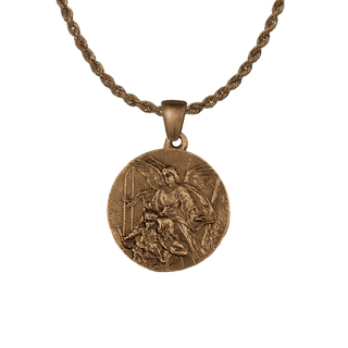 Vintage Bronze Guardian Angel Medal with Star and Lilies