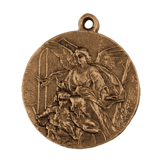 Vintage Bronze Guardian Angel Medal with Star and Lilies
