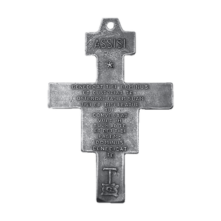 Vintage White Bronze San Damiano Crucifix with the Assisi Blessing — reverse