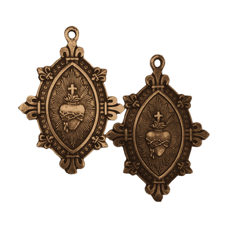 Vintage Bronze Sacred Heart Marquise Medal with Fleur-de-Lis