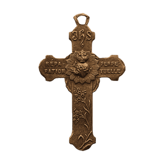 Vintage Bronze Holy Face and Sacred Heart Cross — reverse