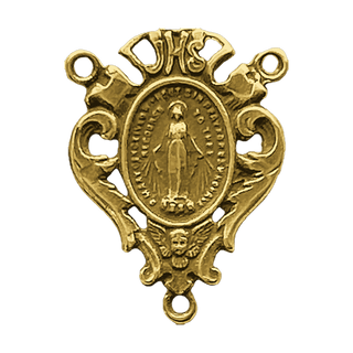 Vintage Yellow Bronze Miraculous Medal Rosary Center with Cherub