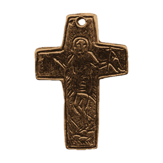 Vintage Bronze Etched Folk Cross with Haloed Figure