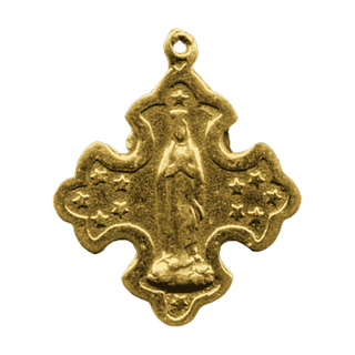 Vintage Yellow Bronze Crowned Madonna and Stars Cross Medal