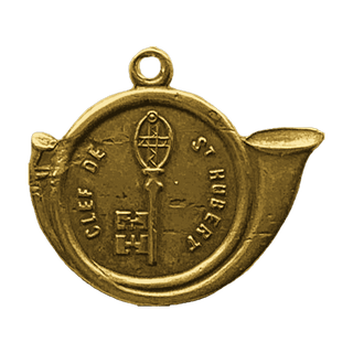 Vintage Yellow Bronze Saint Hubert Hunting Horn Medal — reverse