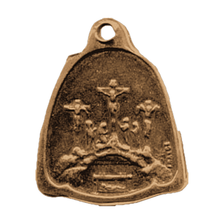 Vintage Bronze Cloaked Madonna and Calvary Medal — reverse
