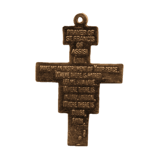 Vintage Bronze San Damiano Crucifix with Peace Prayer — reverse