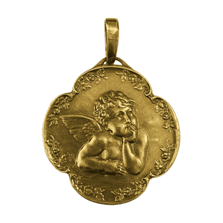 Vintage Yellow Bronze Daydreaming Angel in a Wreath of Roses