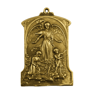 Vintage Yellow Bronze Guardian Angel with Children Ornament