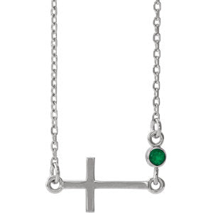 14K White Emerald Sideways Cross 16-18" Necklace