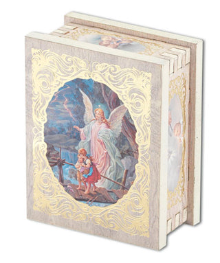 Guardian Angel 2X2.75" White Wood Rectangular Rosary Box