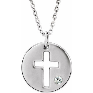 14K White .03 CT Natural Diamond Pierced Cross Disc 16-18" Necklace