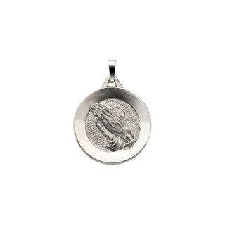 14K White 21 mm Round Praying Hands Pendant