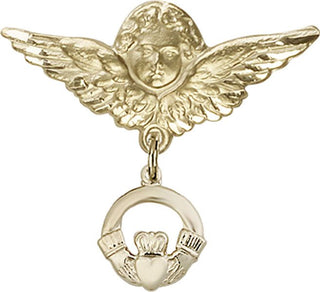 14kt Gold Filled Large Angel w/Wings Claddagh Baby Badge