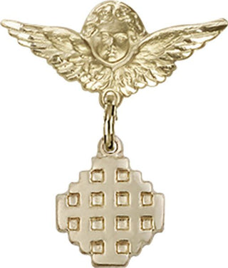 14kt Gold Small Angel w/Wings Jerusalem Cross Baby Badge