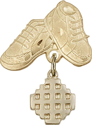 14kt Gold Baby Boots Jerusalem Cross Baby Badge