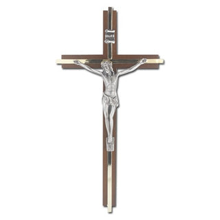 10"Walnut Crucifix with Gold Inlay And Antique Silver Corpus