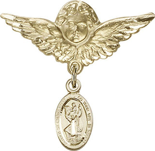 14kt Gold Large Angel w/Wings St. Christopher Baby Badge - Engravable