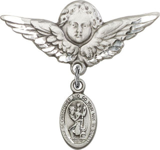 Sterling Silver Large Angel w/Wings St. Christopher Baby Badge - Engravable