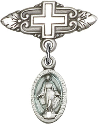 Sterling Silver Badge Pin With Cross Miraculous Baby Badge