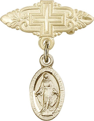 14kt Gold Badge Pin With Cross Miraculous Baby Badge