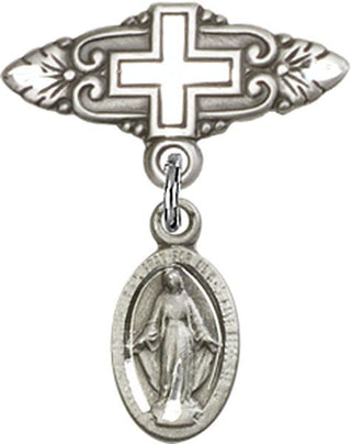 Sterling Silver Badge Pin With Cross Miraculous Baby Badge