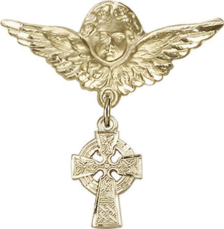 14kt Gold Filled Large Angel w/Wings Celtic Cross Baby Badge