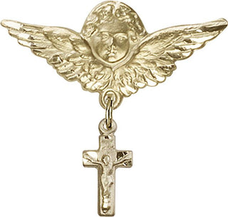 14kt Gold Filled Large Angel w/Wings Crucifix Baby Badge