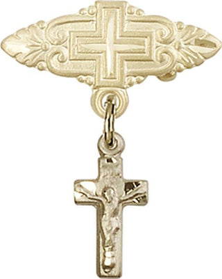 14kt Gold Badge Pin With Cross Crucifix Baby Badge