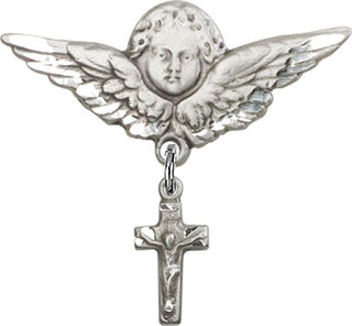 Sterling Silver Large Angel w/Wings Crucifix Baby Badge