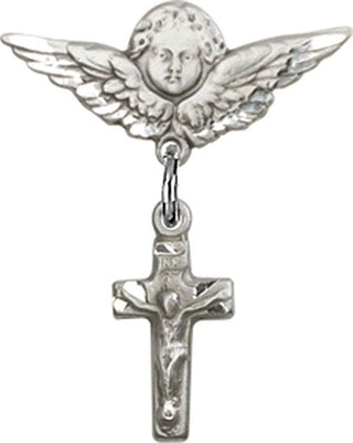 Sterling Silver Small Angel w/Wings Crucifix Baby Badge