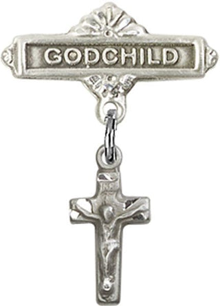 Sterling Silver Godchild Crucifix Baby Badge