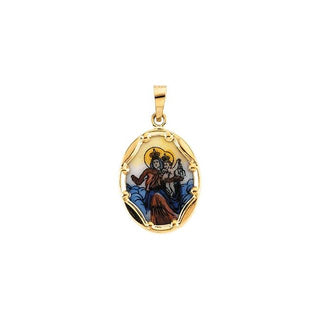 14K Yellow 17x13.5 mm Oval Hand Painted Porcelain Scapular Medal