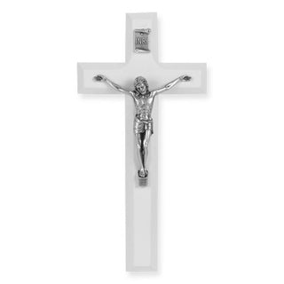 7" White Wood Cross With Antique Silver Corpus