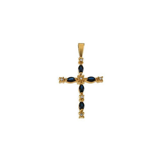 14K Yellow Blue Sapphire & Diamond Cross Pendant 